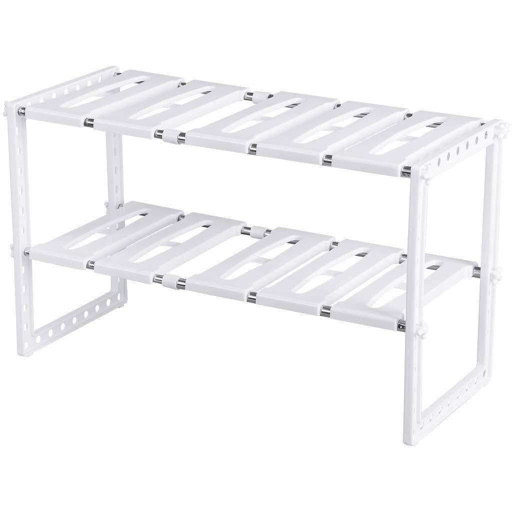 Under Sink Organizer 2 Tier Expandable Kitchen Bathroom Pantry Storage Shelf - Multi-Functional Adjustable Under Kitchen Sink Organization Storage Rack Heavy Duty - White