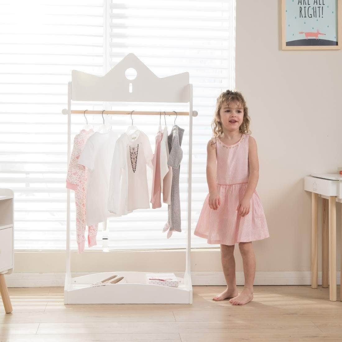 Get jolie vallee toys home 2 in 1 kids wood armoire wardrobe crown clothes rack white baby clothes storage rack standing closet boutique clothes rack organizer for toddler girls 2 5 years