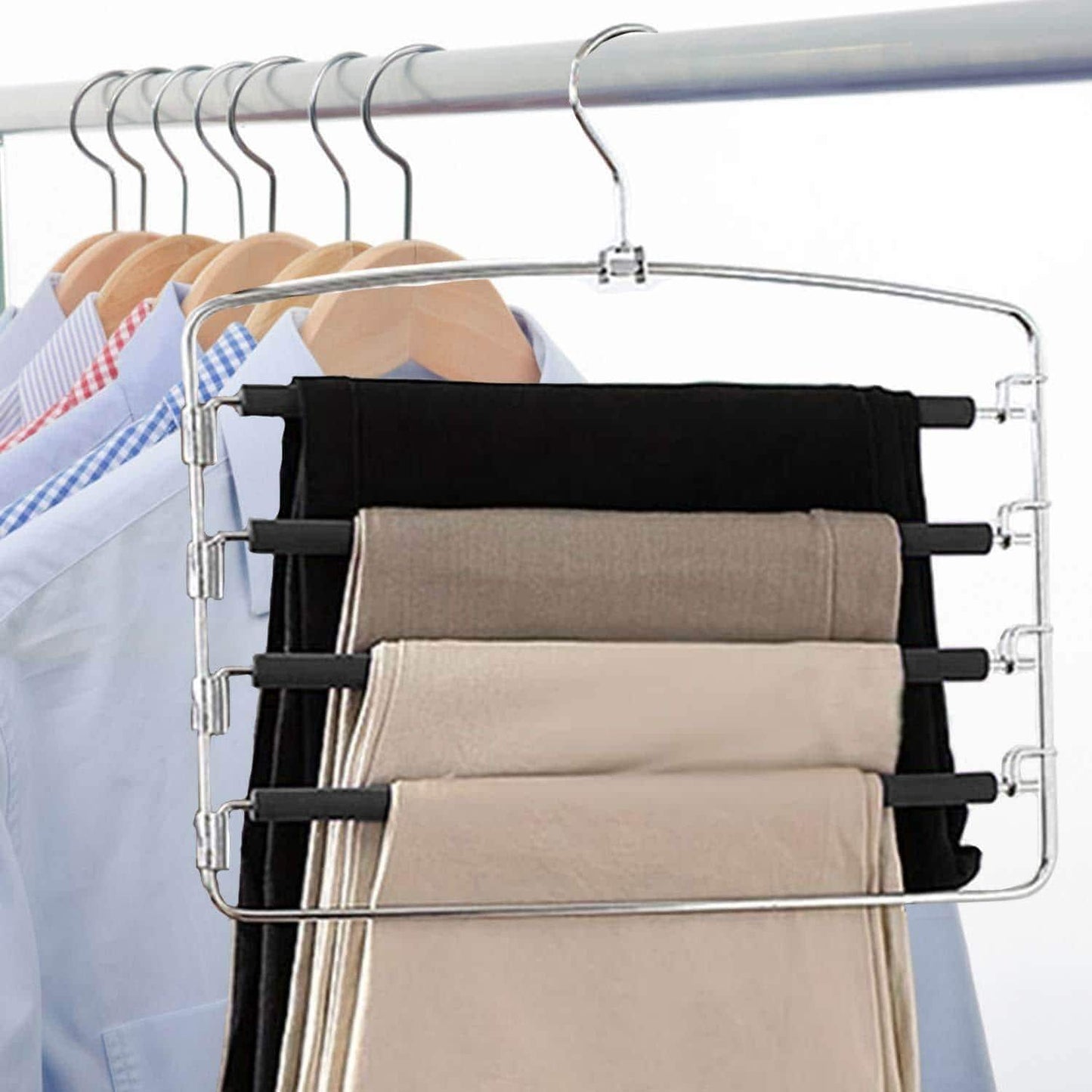 Discover lucky life clothes pants hangers 3 pack pant slack hangers space saving non slip stainless steel closet organizer with foam padded swing arm for pants jeans scarf 1