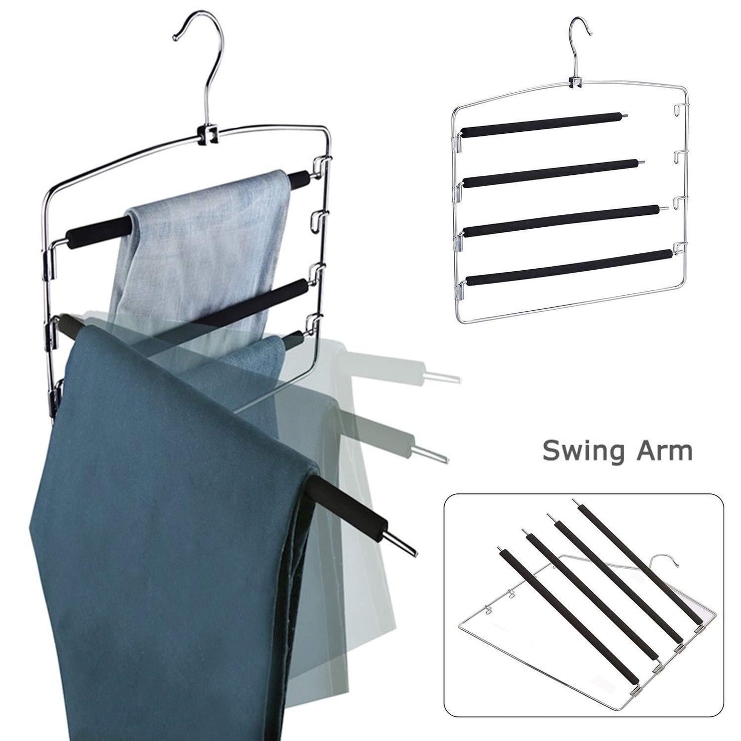 Explore lucky life clothes pants hangers 3 pack pant slack hangers space saving non slip stainless steel closet organizer with foam padded swing arm for pants jeans scarf 1