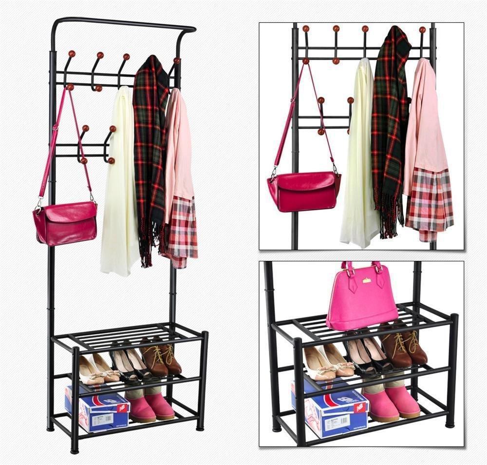 World Pride Metal Multi-purpose Clothes Coat Stand, Shoes Rack Umbrella Stand, With 18 Hanging Hooks, Max Load Capicity Up to 67.5Kg/148.8Lb, 26.7 x 12.2 x 74" Black