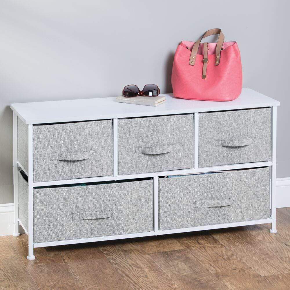 Discover mdesign extra wide dresser storage tower sturdy steel frame wood top easy pull fabric bins organizer unit for bedroom hallway entryway closets textured print 5 drawers gray white