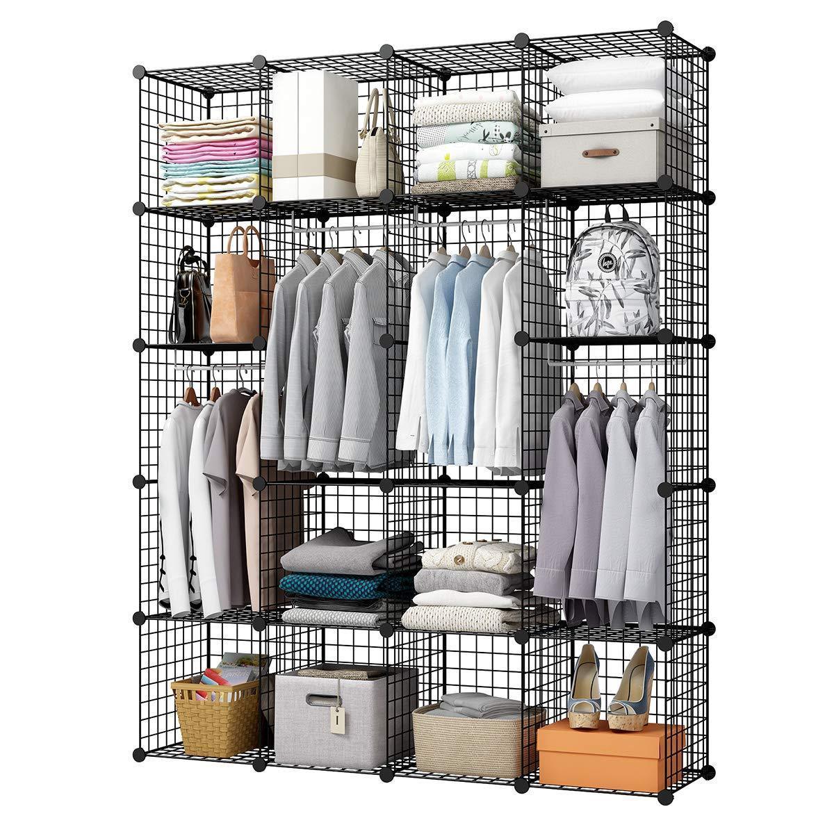 Selection kousi wire storage cubes modular metal cubbies organizer customizable metal rack cloths closet cubes storage shelves multifuncation shelving unit 8 cubes 4 hanging sections