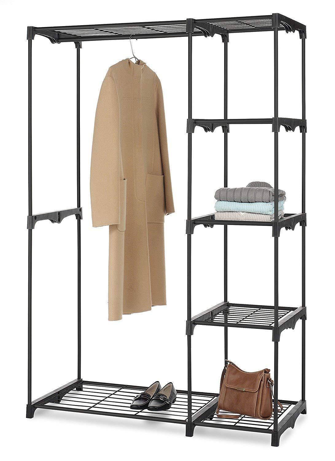 The best whitmor freestanding portable closet organizer heavy duty black steel frame double rod wardrobe cloths storage with 5 shelves shoe rack for home or office size 45 1 4 x 19 1 4 x 68