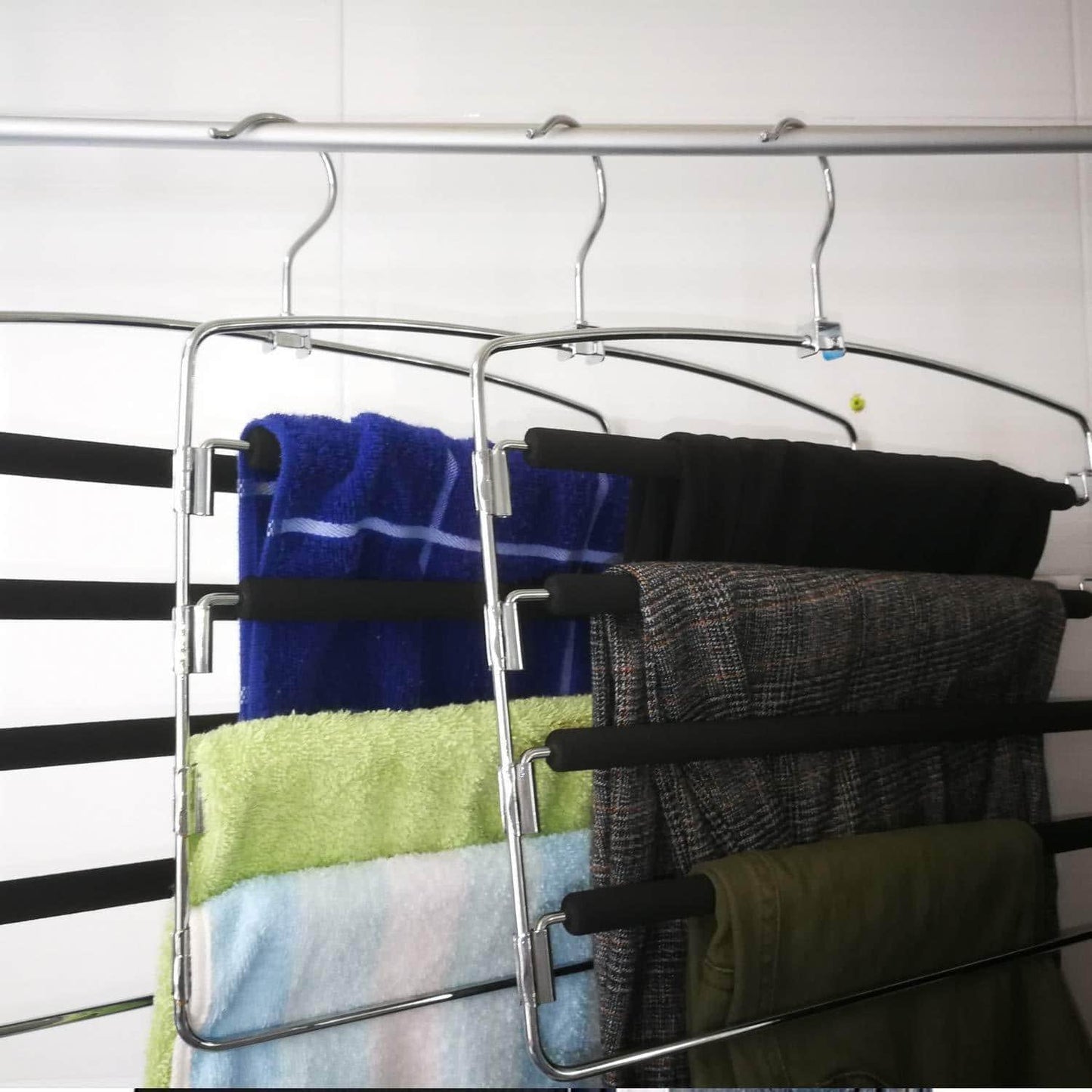 Discover the lucky life clothes pants hangers 3 pack pant slack hangers space saving non slip stainless steel closet organizer with foam padded swing arm for pants jeans scarf 1