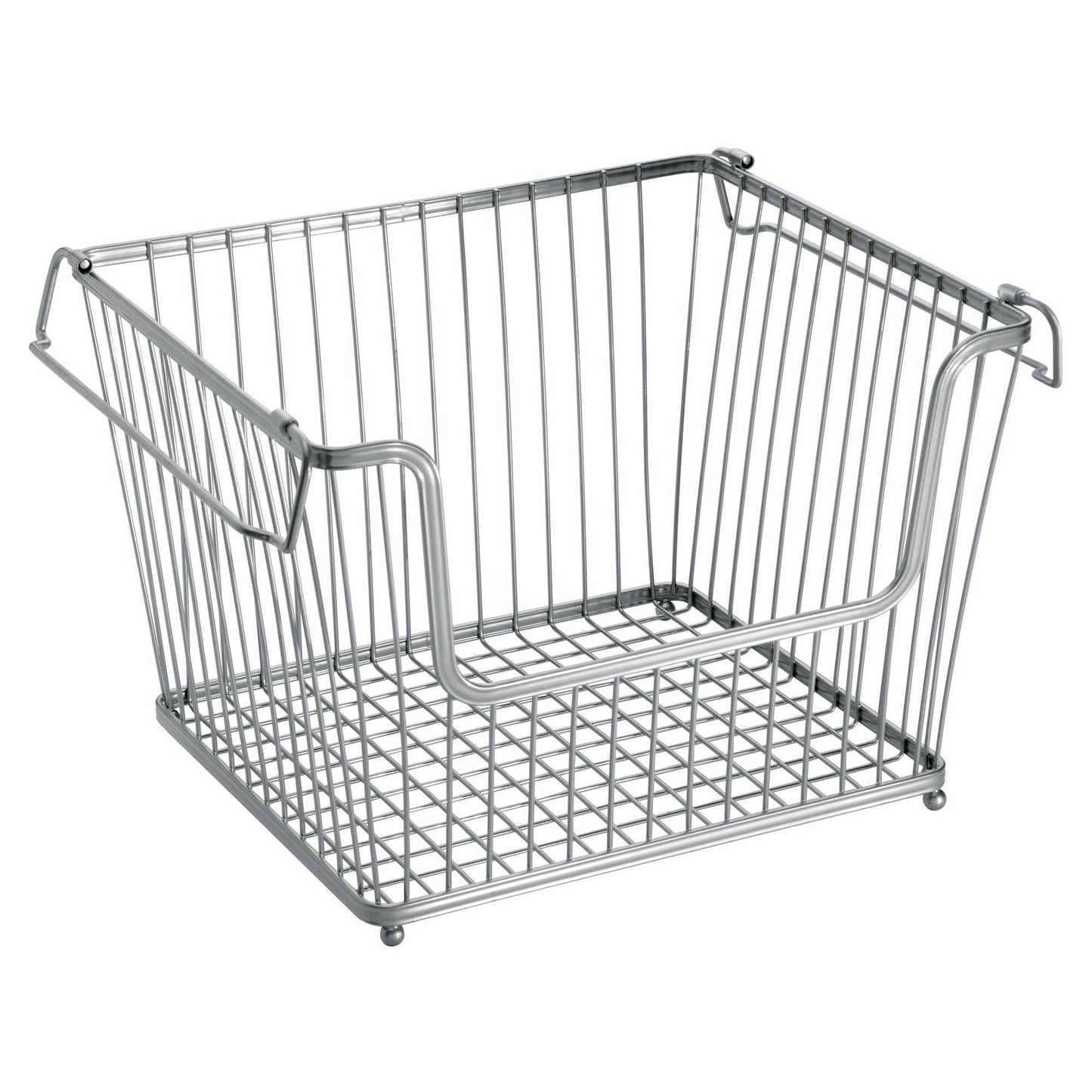 Home mdesign modern stackable metal storage organizer bin basket with handles open front for kitchen cabinets pantry closets bedrooms bathrooms large 3 pack silver