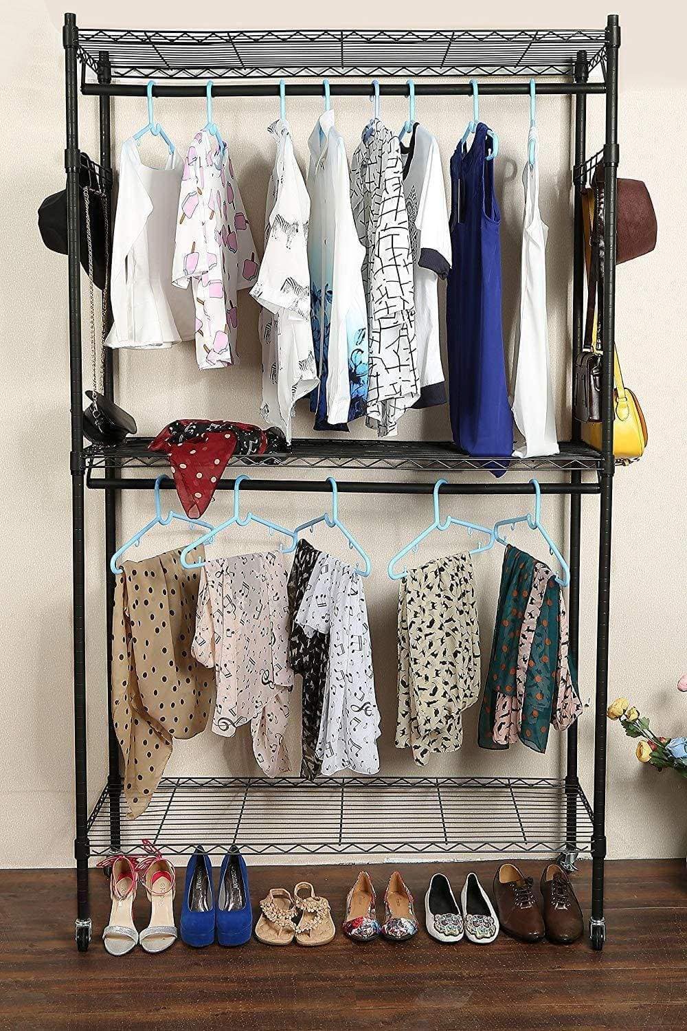 Featured miageek heavy duty garment rack rolling clothes rack free standing shelving wardrobe clothes closet storage organizer with hanging rods and lockable wheels black two pair hook