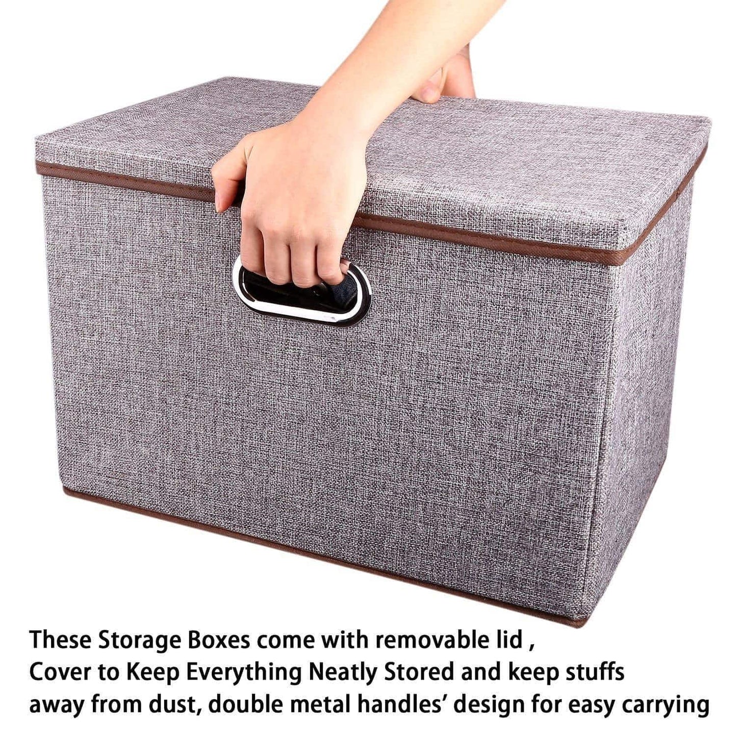 Kitchen large linen fabric foldable storage container 2 pack with removable lid and handles storage bin box cubes organizer gray for home office nursery closet bedroom living room