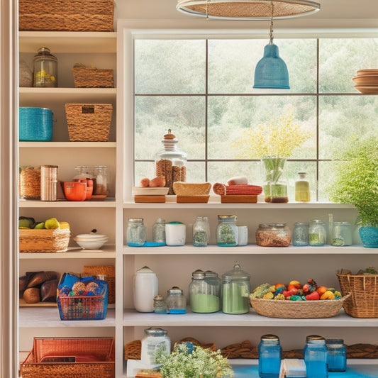 A bright and airy pantry with rainbow-hued baskets, glass jars, and ceramic containers on open shelving, surrounded by natural light and lush greenery, with a few artfully arranged cookbooks.