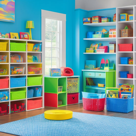 A colorful, clutter-free playroom with labeled bins, a rainbow-organized bookshelf, and a custom storage unit with cubbies, baskets, and a calendar, surrounded by happy, playing children.