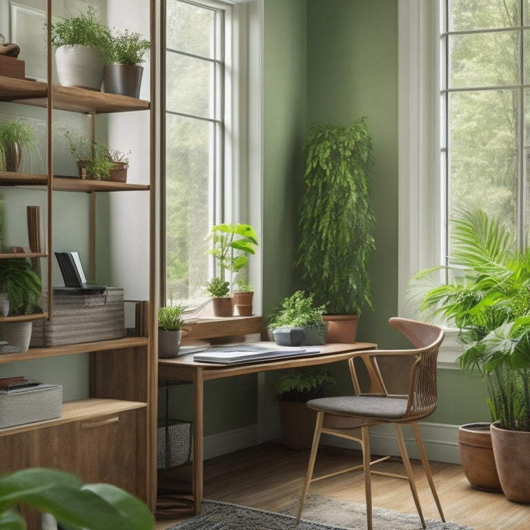 A tidy home office with a wooden desk, a comfortable ergonomic chair, and a few well-organized shelves, surrounded by calm green plants and soft, natural light pouring in through a window.
