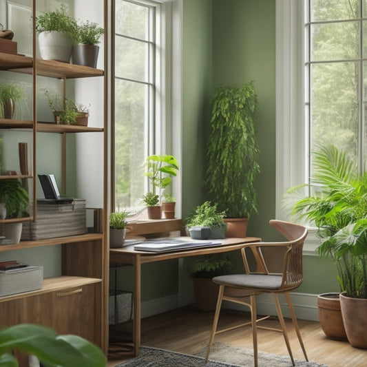 A tidy home office with a wooden desk, a comfortable ergonomic chair, and a few well-organized shelves, surrounded by calm green plants and soft, natural light pouring in through a window.
