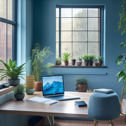 A clutter-free, well-lit desk with a sleek laptop, a few organized notebooks, and a small potted plant, set against a calming blue-gray wall with a floor-to-ceiling window.