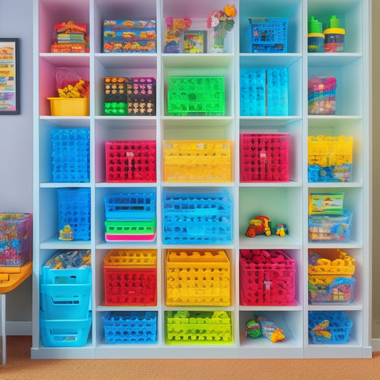 A colorful, clutter-free playroom with rows of transparent LEGO brick-shaped storage bins, stacked shelves, and a large, multi-tiered rotating LEGO display case in the center.