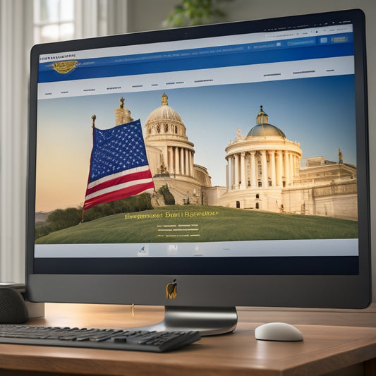 A modern, sleek desktop computer screen displaying a redesigned Justice Department homepage with a American flag-inspired color scheme, featuring a prominent search bar and intuitive navigation menus.