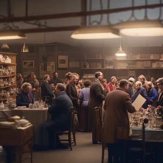 A dimly lit auction room with rows of thrift store treasures on tables, shelves, and hanging racks, surrounded by eager bidders holding cards and whispering to each other.