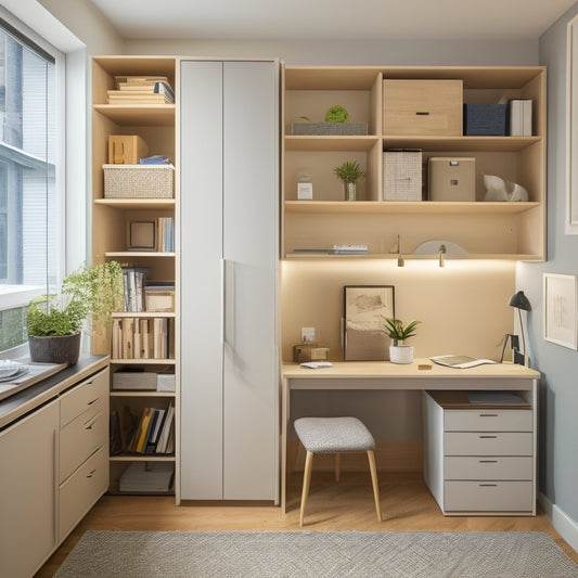 A clutter-free, minimalist tiny apartment with a Murphy bed, a compact desk, and a built-in shelving unit, showcasing organized storage bins, baskets, and hooks.