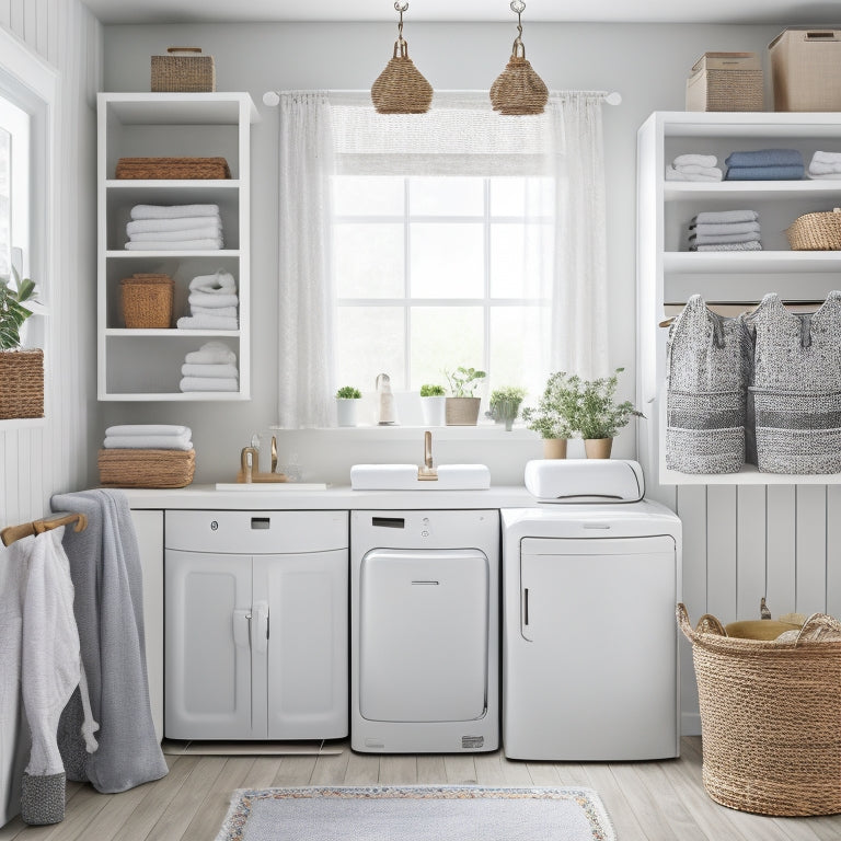 A bright, organized laundry room with a compact washer and dryer, a wall-mounted folding table, a hanging organizer, and a few well-placed baskets and shelves, surrounded by calming white and light gray tones.