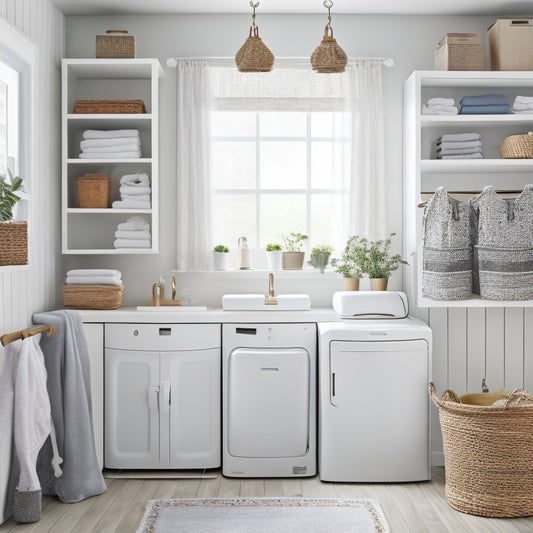 A bright, organized laundry room with a compact washer and dryer, a wall-mounted folding table, a hanging organizer, and a few well-placed baskets and shelves, surrounded by calming white and light gray tones.
