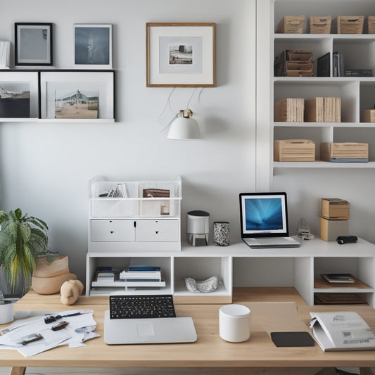 A tidy, minimalist room with a laptop open on a desk, surrounded by neatly organized storage bins and shelves, with a few labeled folders and a small, sleek label maker nearby.
