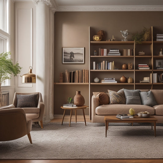 A serene living room with a minimalist aesthetic, featuring floor-to-ceiling, custom-built shelves in a warm, honey-brown wood tone, holding a few, carefully curated decorative items and books.