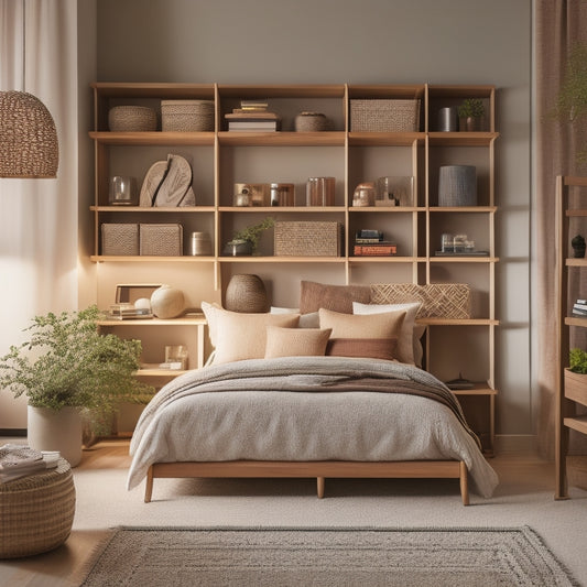A serene bedroom with a floor-to-ceiling, asymmetrical shelving unit in a warm wood tone, featuring staggered compartments, woven baskets, and soft LED lighting, surrounded by calming colors and minimal decor.