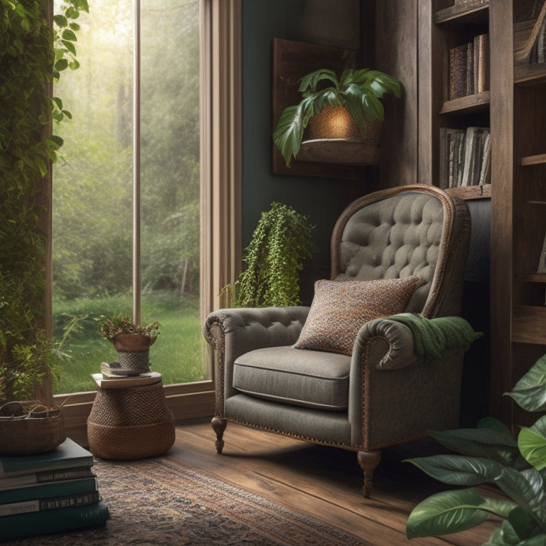 A cozy reading nook with a plush armchair, floor lamp, and built-in bookshelves made from reclaimed wood, surrounded by lush greenery and soft, warm lighting.