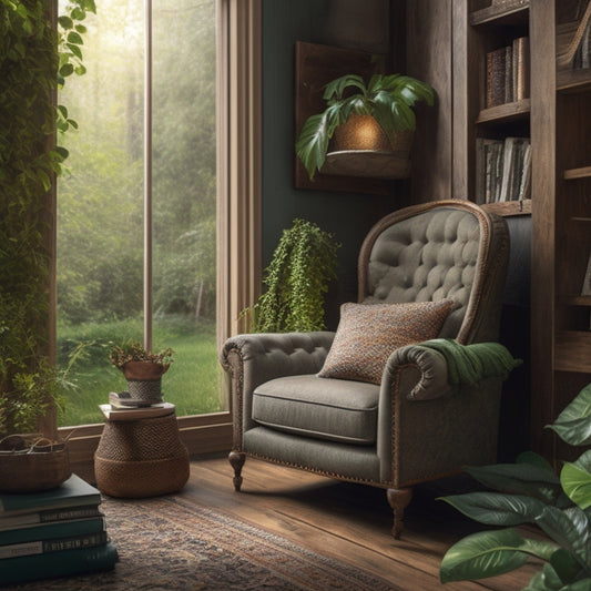 A cozy reading nook with a plush armchair, floor lamp, and built-in bookshelves made from reclaimed wood, surrounded by lush greenery and soft, warm lighting.