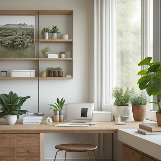 A serene, minimalist home office with a sleek, wooden desk, a neatly organized bookshelf, and a few, carefully placed, decorative plants, illuminated by soft, natural light.