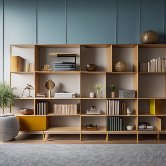 A modern, minimalist room with a floor-to-ceiling bookshelf featuring removable, hexagonal panels in various woods, metals, and colors, with some panels removed to reveal decorative objects and personal items.