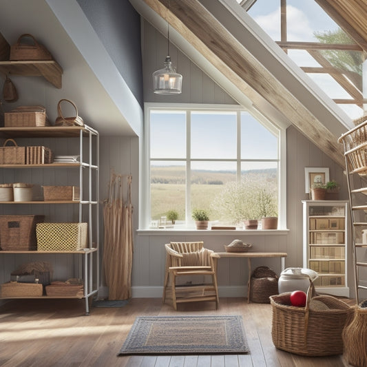 A well-organized attic space with installed shelves, baskets, and hanging organizers, featuring a ladder leading up to a dormer window with a scenic outdoor view.