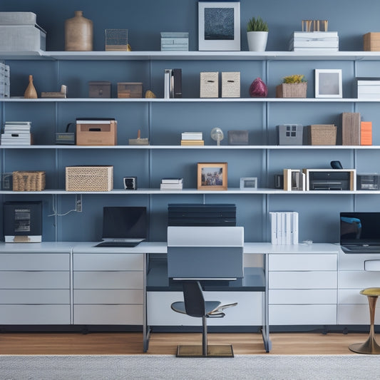 A modern, minimalist home office with a laptop, tablet, and smartphone displaying inventory management apps, surrounded by organized shelves, labeled storage bins, and a few sleek, futuristic gadgets.