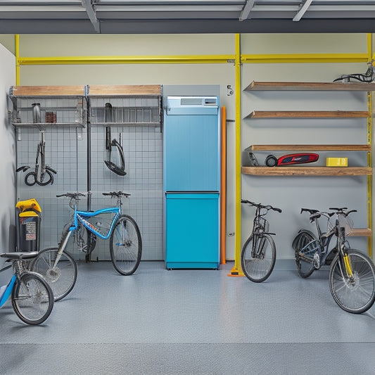 A well-organized garage with epoxy-coated floors, sleek metal cabinets, and a slatwall with hooks and bins, featuring a parked car with a bike and tools hung on the wall beside it.