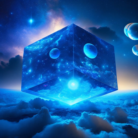 A futuristic, high-tech illustration featuring a majestic, glowing blue orb surrounded by orbiting 3D cubes, each containing tiny, swirling clouds, amidst a starry night sky with subtle, shimmering lights.