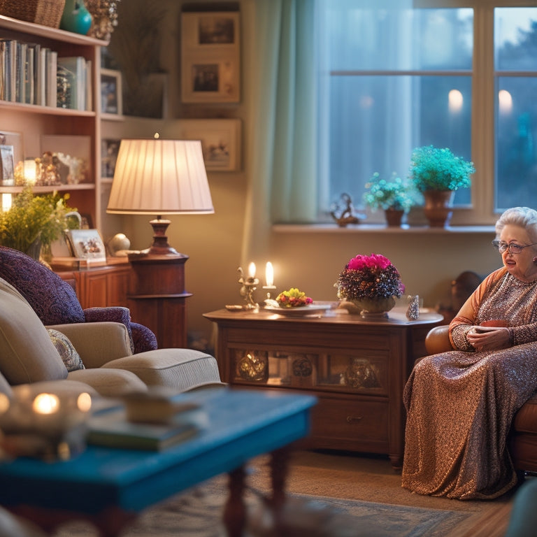 A warm, well-lit living room with a senior citizen sitting comfortably on a tidy couch, surrounded by organized bookshelves, a few sentimental decorations, and a small, clutter-free coffee table.