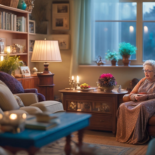 A warm, well-lit living room with a senior citizen sitting comfortably on a tidy couch, surrounded by organized bookshelves, a few sentimental decorations, and a small, clutter-free coffee table.