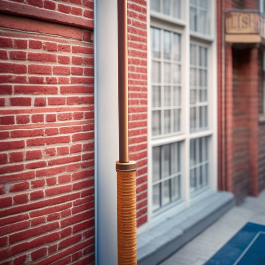 An illustration of a mason's PEF rod, a long, thin, and flexible rod with a rounded tip, being inserted into a narrow gap between two bricks, with a faint outline of a building's facade in the background.