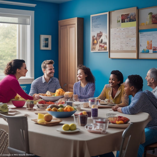 A vibrant kitchen scene with a large calendar on the wall, colorful sticky notes, and a happy family of four gathered around a table with a delectable, multi-course meal.