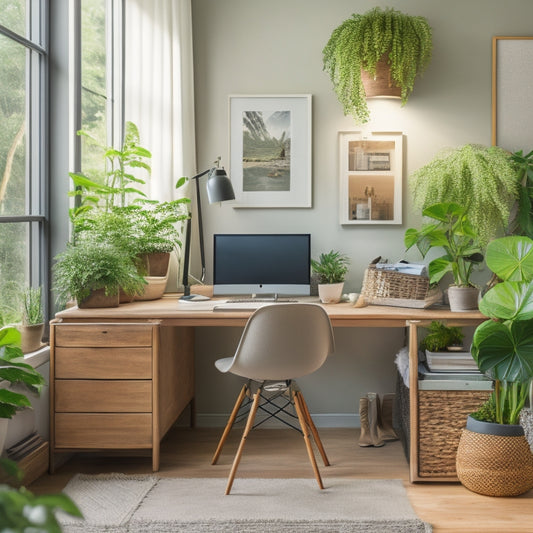 A clutter-free home office with a wooden desk, a sleek computer, and a few carefully placed storage bins and baskets, surrounded by calming green plants and soft natural light.