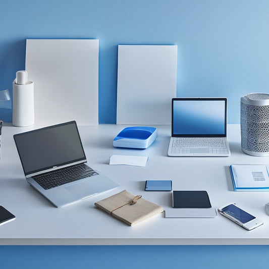 A futuristic, minimalist workspace with a sleek laptop, a smartphone, and a compact printer on a wooden desk, surrounded by scattered papers and a subtle, gradient blue background.
