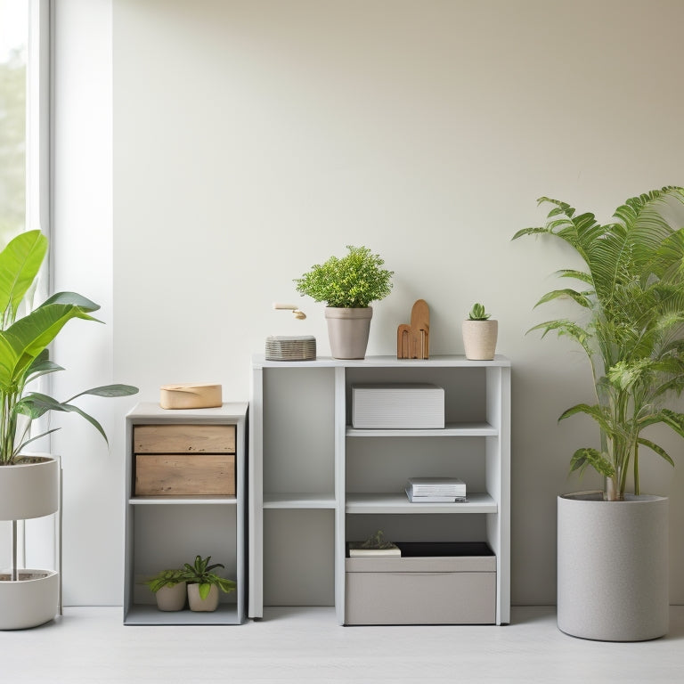 A minimalist, clutter-free room with a sleek, compact desk, a small shelf with three neatly stacked storage bins, and a few strategically placed plants against a calming, light-gray background.