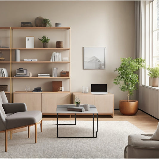A minimalist, modern living room with a laptop open on a clutter-free coffee table, surrounded by organized shelves, a tidy desk, and a few carefully placed storage bins, amidst a calm, neutral-colored background.