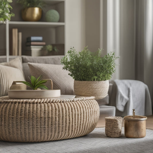 A serene, organized living room with a minimalist coffee table, a few neatly stacked books, a woven basket containing rolled up throw blankets, and a vase with fresh greenery on a tidy shelf.