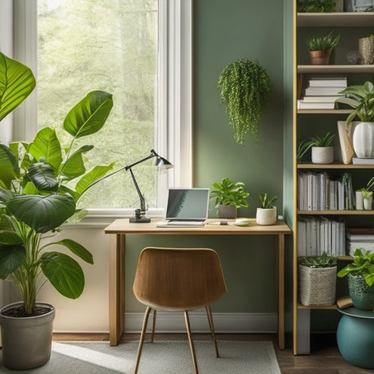 A clutter-free, L-shaped desk in a compact, natural-light-filled nook with a built-in shelving unit, a minimalist chair, and a few, carefully-placed, lush green plants.