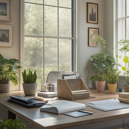 A serene home office space with a tidy desk, organized folders, and a few strategically placed speech therapy tools, surrounded by calming plants and a soft, natural light.
