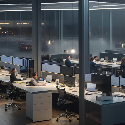 A modern, sleek office space with rows of desks illuminated by Orion's LED lights, casting a warm, bright glow on the faces of focused employees working on laptops and notebooks.