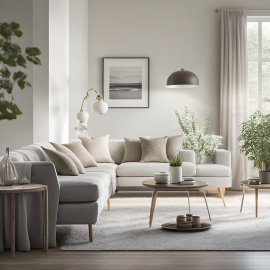 A serene, minimalist living room with a few, carefully-placed decorative items, natural light pouring in, and a calming color palette, conveying a sense of organization and tranquility.