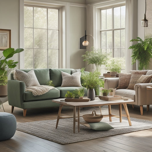 A serene, sunlit living room with a plush green sofa, natural fiber rug, and potted plants, surrounded by reclaimed wood accents and soft, warm lighting, evoking a sense of calm and simplicity.
