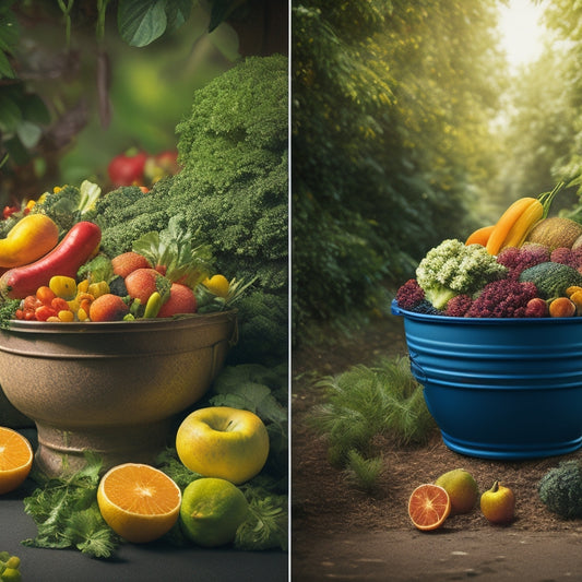 A vibrant illustration of a split-screen image: a overflowing trash can filled with rotten fruits and vegetables on one side, and a thriving garden with lush green plants and fresh produce on the other.