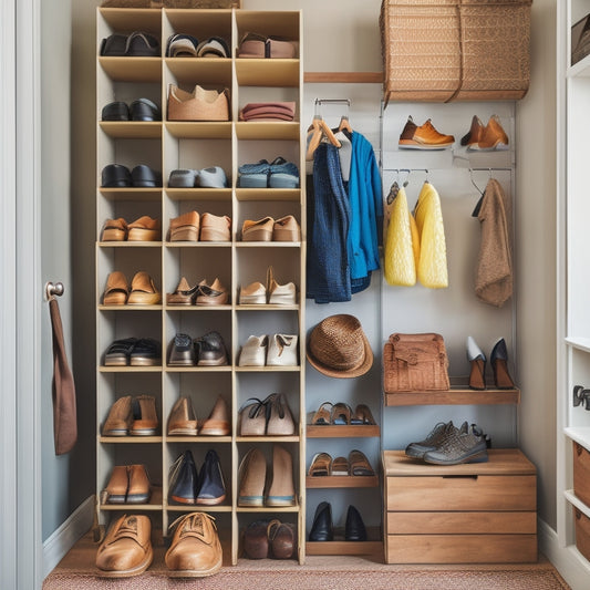 A clutter-free closet with a DIY shoe organizer system featuring a wooden ladder with hanging shoe cubbies, a shoe rack made from repurposed crates, and a pegboard with hooks for accessories.